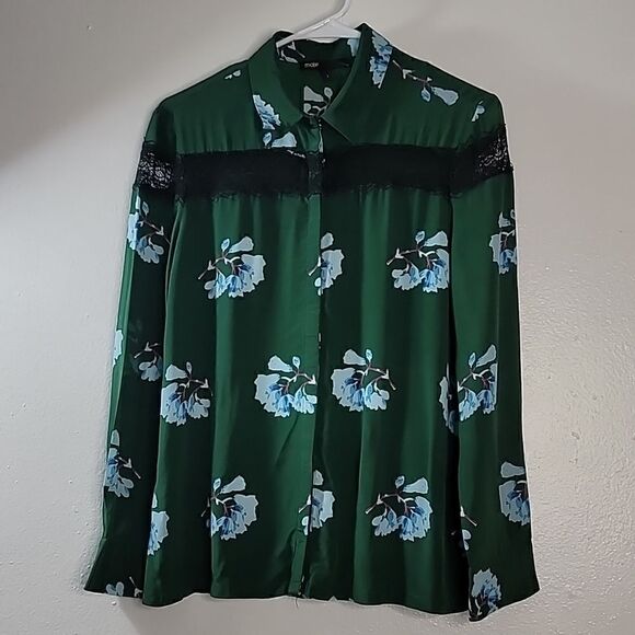 Maje Green Silk Blend Black Lace Floral Printed Top - Picture 2 of 9